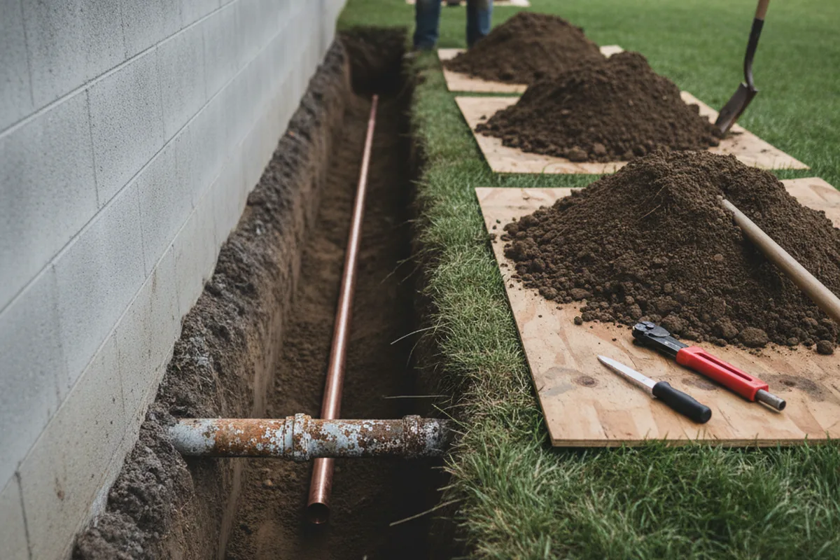 Excavated water line trench during Water Softener Installation in Supply